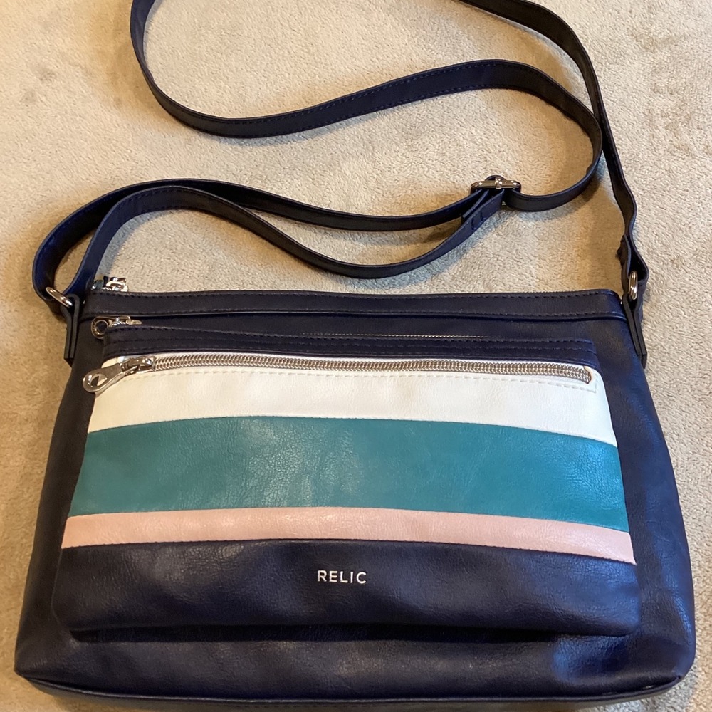 Relic Retro Striped Crossbody Bag, Navy‎ with Ivory/Green/Pink Stripes